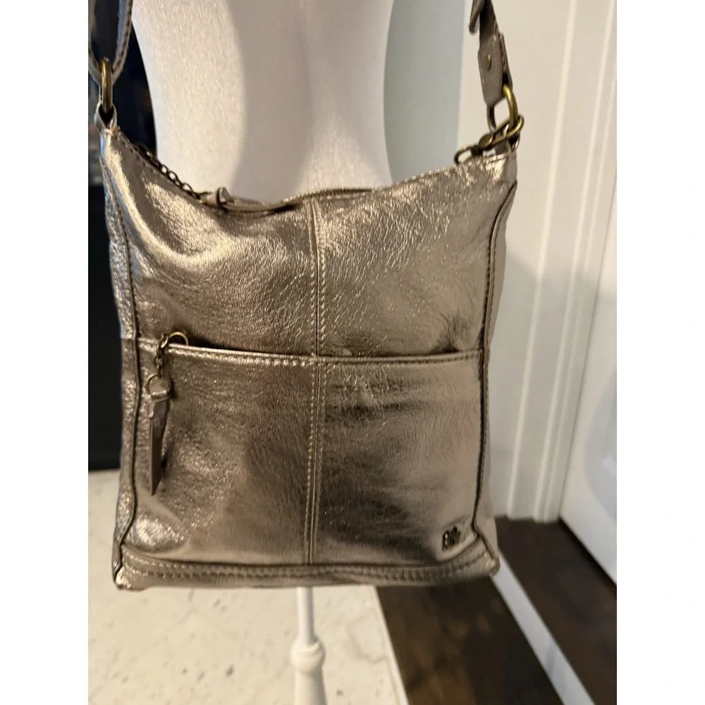 The Sak Metallic Pewter Leather Crossbody Bag Boho Charm Antiqued Brass Hardware